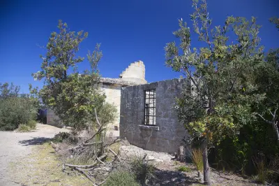 Sandstone walls of the ruined Cape St George Lighthouse partly enclosed by dense native coastal vegetation beneath a deep blue sky.