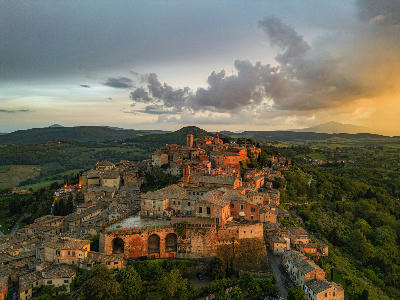 Hilltop town of Montepulciano overlooking the Val d'Orcia landscape in Tuscany, Italy.