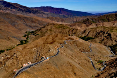 Winding mountain road across Tizi n'Tichka Pass in Morocco’s High Atlas Mountains