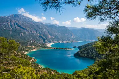 Elevated view across the Blue Lagoon and Ölüdeniz coastline near Fethiye, Turkey.