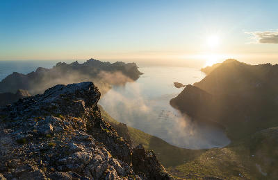 Keipen–Grytetippen ridge view with midnight sun over western Senja fjords, Norway