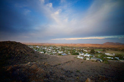 Elevated view of Prince Albert surrounded by semi-arid Karoo landscapes in the Western Cape of South Africa.