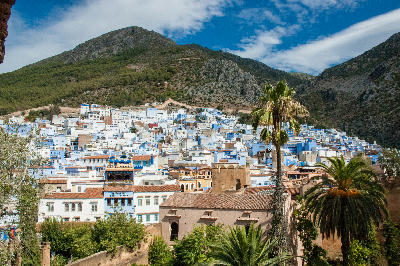 Chefchaouen’s blue-painted medina beneath the Rif Mountains in northern Morocco