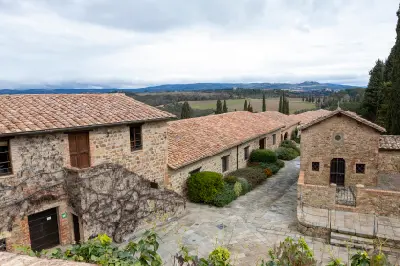 Courtyard buildings at Castello Banfi wine estate near Montalcino in Tuscany, Italy.