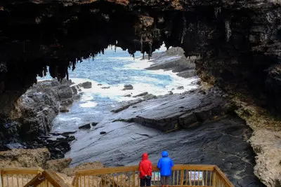 Two visitors in red and blue jackets on the wooden viewing platform at Admirals Arch, overlooking the rocky coast of Kangaroo Island.