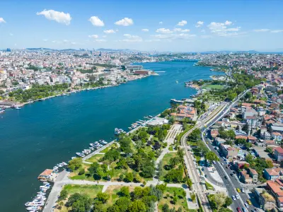 Aerial view of the Golden Horn waterway and surrounding districts of Istanbul, Turkey.