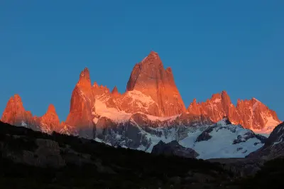 Mount Fitz Roy peaks glowing orange at sunrise with snow-covered slopes beneath in Patagonia, Argentina.
