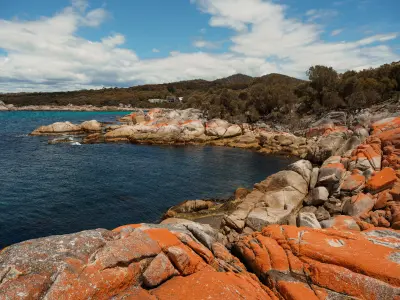 Orange lichen-covered granite rocks along the shoreline at The Gardens, Bay of Fires, Tasmania.