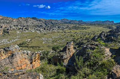 Wide sandstone plateau and canyon landscapes in Isalo National Park, Madagascar