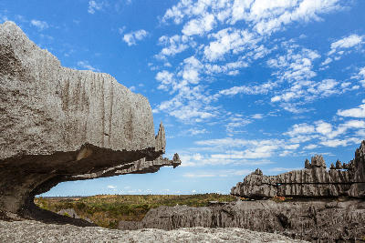 Massive eroded limestone formations rise above the Great Tsingy in Tsingy de Bemaraha National Park, Madagascar