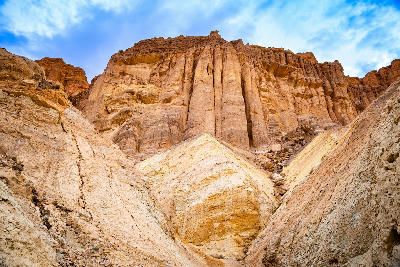 Red Cathedral vertical rock columns Golden Canyon Death Valley below Zabriskie Point California