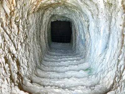Rock-cut staircase descending into the underground chamber at ancient Arsameia on the Nymphaios.