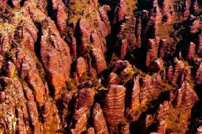 Aerial view of densely packed, deeply eroded sandstone towers and narrow gorges in the Bungle Bungle Range.