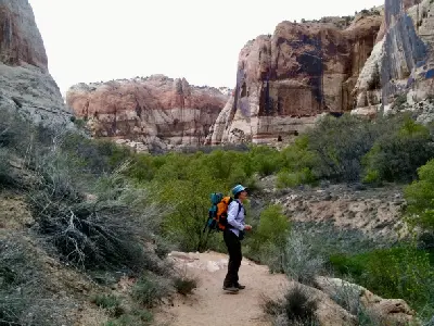 Hiker on the Lower Calf Creek Falls Trail in Grand Staircase-Escalante, Utah, USA.