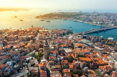 Aerial view of Galata Tower, the Golden Horn and Galata Bridge in Istanbul.