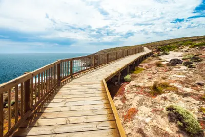 Timber boardwalk along the coastal walking route to Admirals Arch at Cape du Couedic, Kangaroo Island, South Australia.