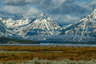 Snow-covered Teton Range above Jackson Lake with low cloud and wetland foreground, Grand Teton National Park, Wyoming, USA.