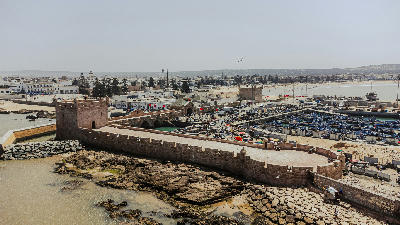Aerial view of Skala de la Kasbah, Essaouira fishing harbor, and Atlantic fortifications in Morocco