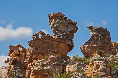 Weathered sandstone rock formations with distinctive balanced shapes at Truitjieskraal in the Cederberg Wilderness Area, Western Cape, South Africa.