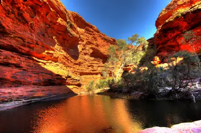 Red sandstone walls rise above a shaded waterhole in Kings Canyon.