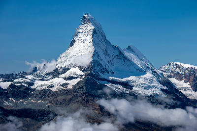 Matterhorn peak viewed from an elevated vantage point near Zermatt, Switzerland.