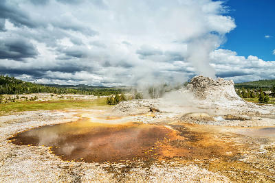 Castle Geyser steaming beside Tortoise Shell Spring Yellowstone