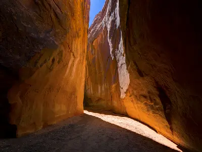 Sunlight illuminates towering orange sandstone walls and the sandy floor of Dry Fork Narrows in Grand Staircase-Escalante.