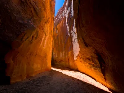 Sunlight illuminates towering orange sandstone walls and the sandy floor of Dry Fork Narrows in Grand Staircase-Escalante.