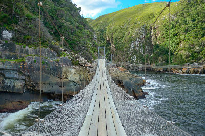 Suspension bridge at Storms River Mouth in Tsitsikamma National Park crossing the river gorge between rocky cliffs and coastal forest.