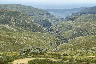 Mountain basin and canyon terrain in the Swartberg Mountains above Swartberg Pass in the Klein Karoo of South Africa.