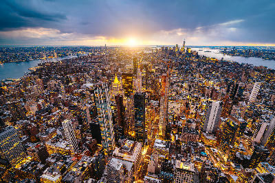 Manhattan skyline viewed from the Empire State Building, showing dense skyscrapers and city streets in New York City.
