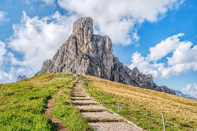 Ra Gusela rock tower above Passo Giau mountain pass in the Dolomites, Italy.