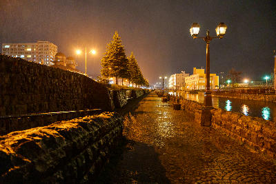 Stone walkway along Otaru Canal lit by street lamps on a rainy night in Hokkaido, Japan.
