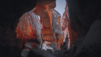 Towering sandstone walls inside Wolfberg Cracks in the Cederberg Wilderness above Sanddrif.