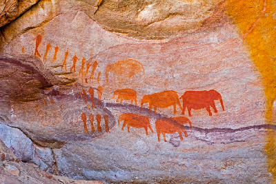 Ancient San rock art depicting elephants and human figures painted on a sandstone shelter along the Sevilla Rock Art Trail in the Cederberg Mountains, Western Cape, South Africa.