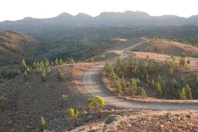 Winding dirt road crossing a rocky ridge at Razorback Lookout, with scattered green trees, broad valleys and hazy mountain peaks in the Flinders Ranges, South Australia.