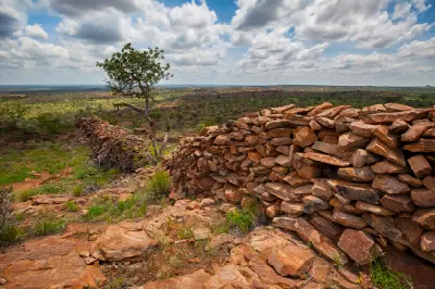 Stone wall ruins within the Mapungubwe Cultural Landscape overlooking the wilderness of northern Limpopo, South Africa.