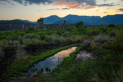 Mono Basin wetland foreground reflection tufa formations sunset Eastern Sierra California