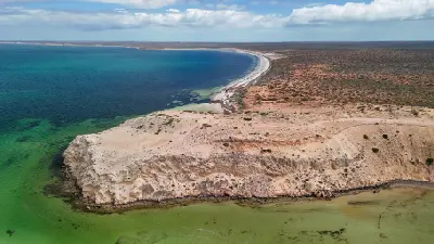 Pale limestone cliffs at Eagle Bluff curve around green shallows and a long sandy coastline in Shark Bay.