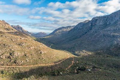 View from Uitkyk Pass overlooking the Algeria valley and sandstone mountains in the central Cederberg.