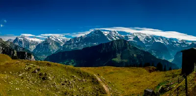 Panoramic view of the Bernese Alps with Wetterhorn, Schreckhorn, Eiger, Mönch, Jungfrau, Grosshorn, and Breithorn above alpine meadows, Switzerland.