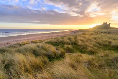 Golden marram grass covering the sand dunes at Bamburgh Beach, with the wide sandy shoreline, North Sea and Bamburgh Castle silhouetted against a glowing sunrise sky.