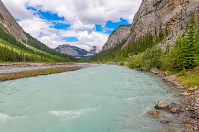 Turquoise Athabasca River flowing through a mountain valley with forest and cliffs in Jasper National Park