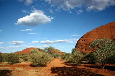 Red-earth track and desert vegetation beneath the sandstone domes of Kata Tjuta in Northern Territory, Australia.
