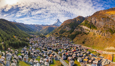 Zermatt village in the alpine valley with the Matterhorn rising in the background, Switzerland