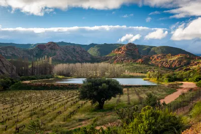Red sandstone hills and vineyard farmland near Calitzdorp in the Klein Karoo with semi-arid vegetation and layered mountain landscapes in South Africa’s Western Cape