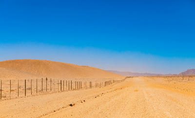 Orange sand dune rising beside a remote gravel road in Richtersveld National Park, with desert plains and clear blue skies in the Northern Cape.