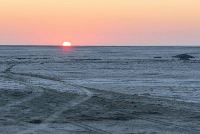 Sunrise across the Makgadikgadi salt pans seen from Kubu Island in Botswana.