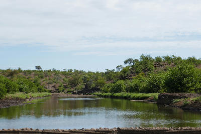 Calm stretch of the Limpopo River in Botswana's Tuli Block, bordered by sandstone hills and riparian woodland within the Greater Mapungubwe landscape.