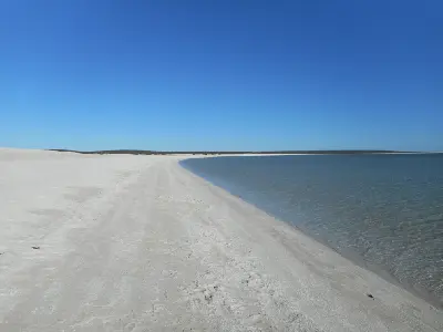 Curving white shell-covered shoreline beside calm blue water at Shell Beach in Shark Bay.